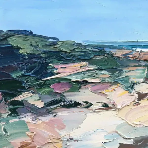 Macro shot of the left side of the beach painting, highlighting the thick palette knife strokes and the green and earthy tones of the coastal dunes.