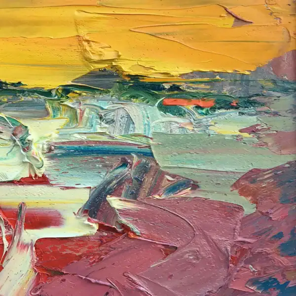 Close-up of the central part of the abstract landscape, highlighting the bright yellow reflections and the rich, tactile surface.