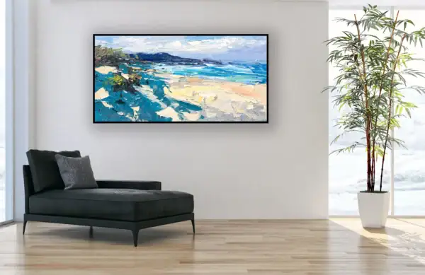 A large horizontal marine painting displayed as a focal point in a minimalist living room above a black designer chaise longue.