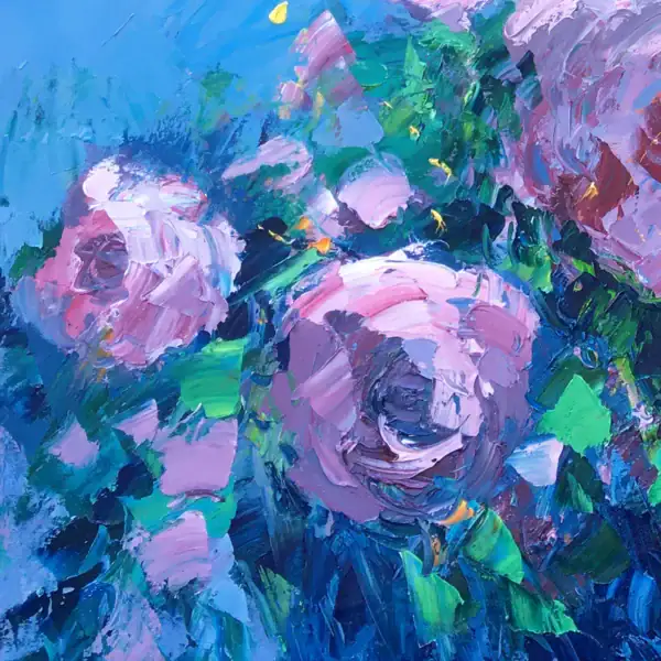 Detailed view of the right side of the flower composition, showcasing the expressive movement and deep texture of the oil on canvas.