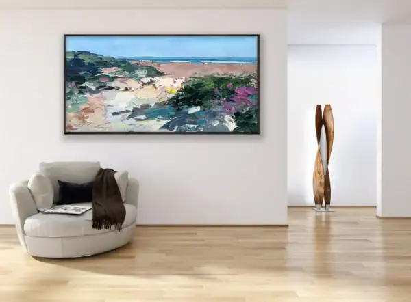 The horizontal beach oil painting displayed as a focal point in a spacious, sunlit modern room, emphasizing its elegant presence in luxury home decor.