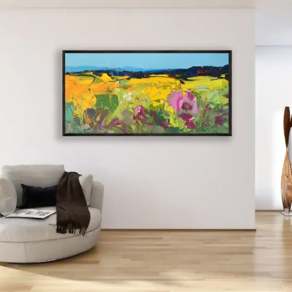The original abstract sunflower painting shown as a sophisticated focal point in a refined contemporary setting.