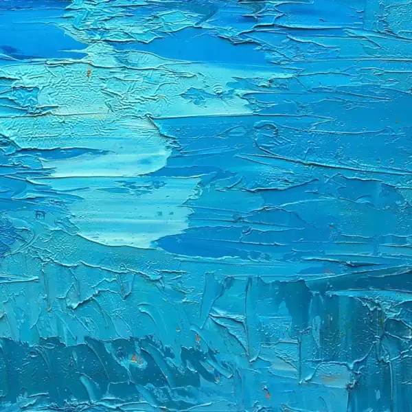 Detailed macro view showcasing the thick, sculptural layers of premium light-blue and turquoise oil paint replicating crystalline sea reflections.