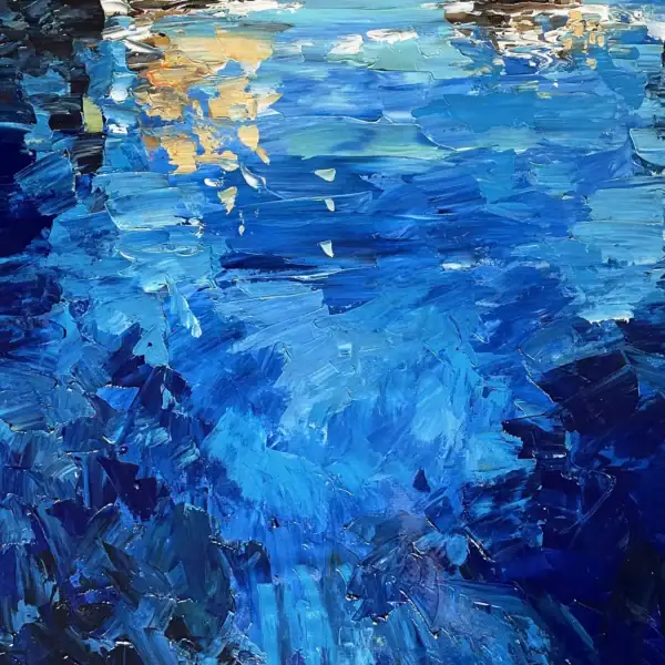 Detailed macro view showcasing the thick, sculptural layers of blue and cyan oil paint capturing the glowing translucent water reflections inside the cave.