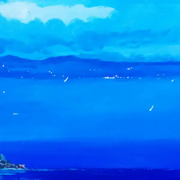 Close-up detail highlighting the rich blending of ultramarine and cobalt oil paint layers defining the deep sea and open horizon.