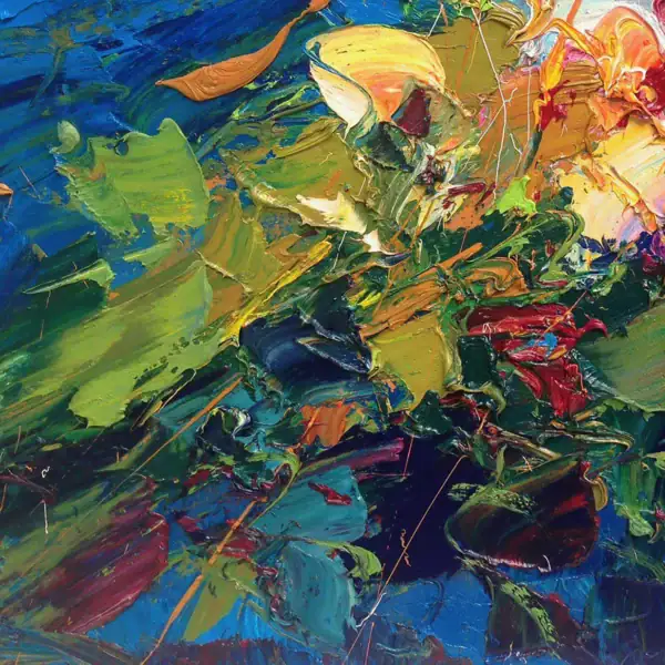 Detailed close-up shot showing dynamic green and teal palette knife movements creating the abstract foliage on the canvas surface.