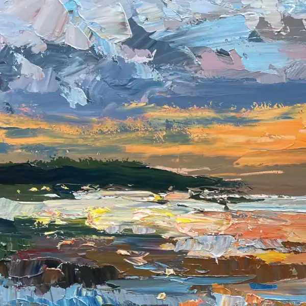 Close-up vertical detail highlighting the dramatic, dense moody clouds painted with dark grey, smoke, and deep indigo palette knife strokes.