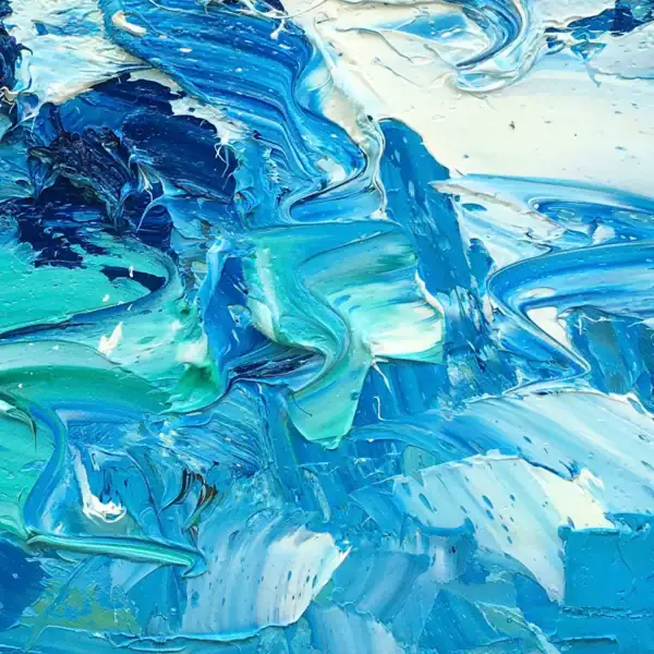 Close-up detail of the abstract ocean canvas, highlighting the vibrant turquoise paint layers and thick textured strokes.