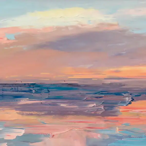 A detailed close-up focusing on the central ocean skyline where soft lavender and blush pink clouds meet the calm, dark blue sea surface.