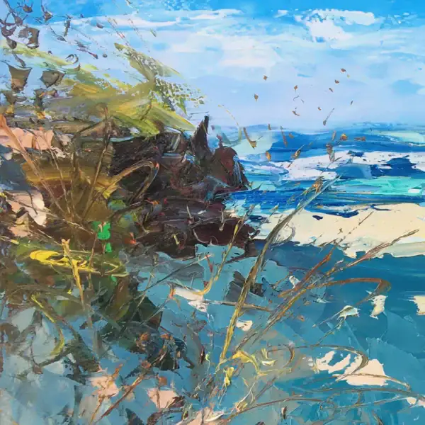 Close-up detail of the rugged dark rocks and textured wild vegetation on the shoreline, showcasing the thick and expressive oil paint layers.