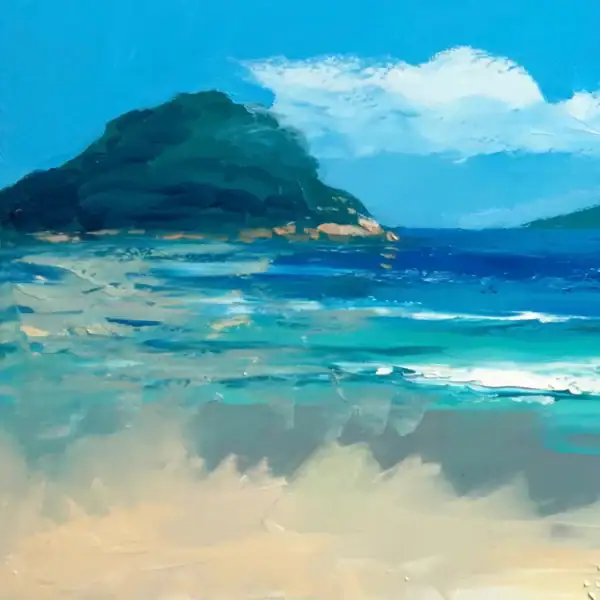 Detailed view of a lush green promontorio on the left side of the canvas, showcasing rich palette knife work and thick oil texture.