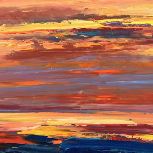 Close-up vertical detail of the lower left section of the canvas, showing deep palette knife layers of blue, indigo, and intense orange reflections on the water.