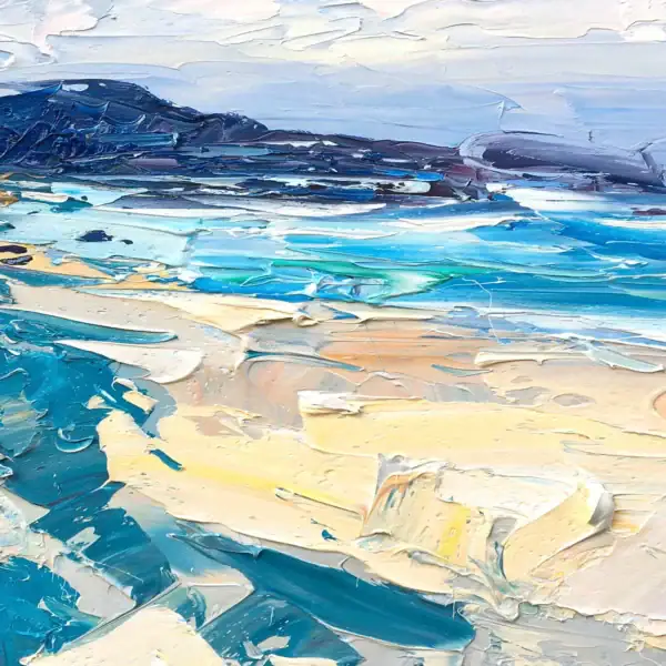Close-up of the turquoise ocean waves and sandy beach, highlighting the heavy impasto texture and the vibrant light of the Mediterranean coast.