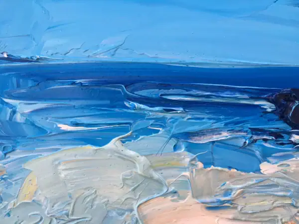 Macro detail of the light blue and white oil paint layers, showcasing the heavy impasto texture of the crashing waves.