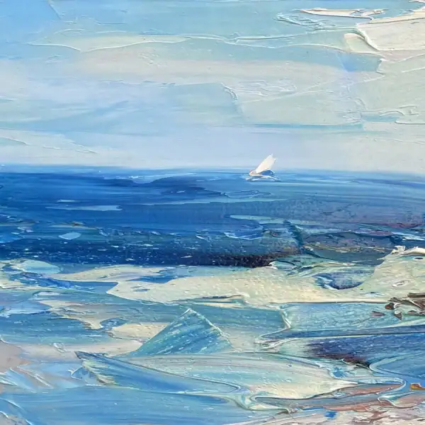 Close-up vertical detail focusing on the deep blue water and a small white sailboat floating under thick palette knife clouds.