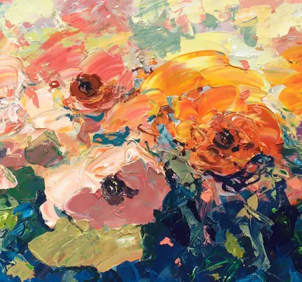 Close-up vertical detail focusing on the central flowers, showing thick sculptural layers of pink, coral, and orange paint defining the petals.