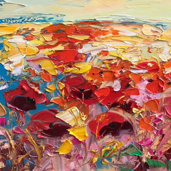 A macro detail highlighting the rich, thick sculptural layers of red and crimson paint creating the textured wild flower field.