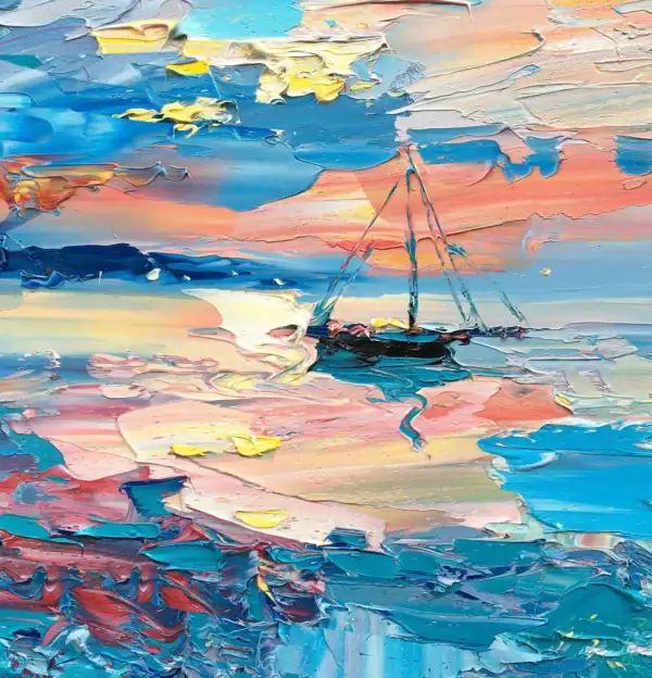 Close-up vertical detail focusing on the central sailboat floating on the water, showing thick sculptural palette knife strokes of pink and gold paint.
