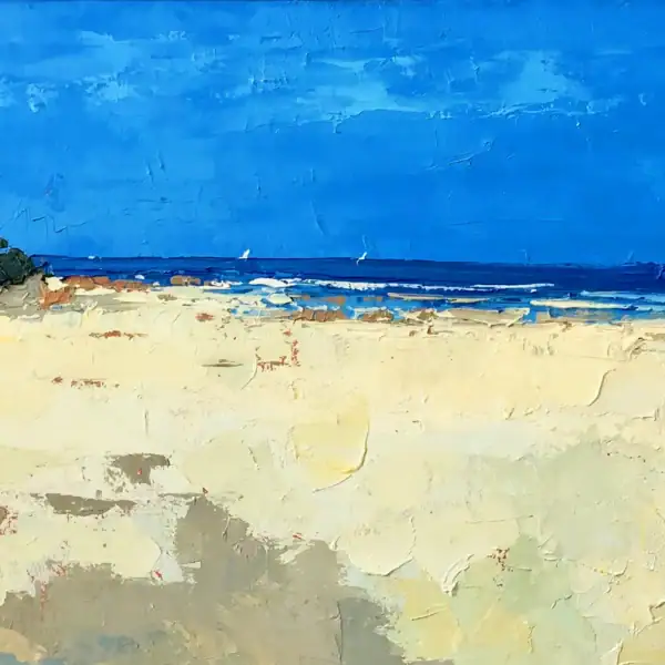 Close-up of the center of the painting highlighting the heavy impasto texture on the sandy beach and the deep blue ocean horizon.