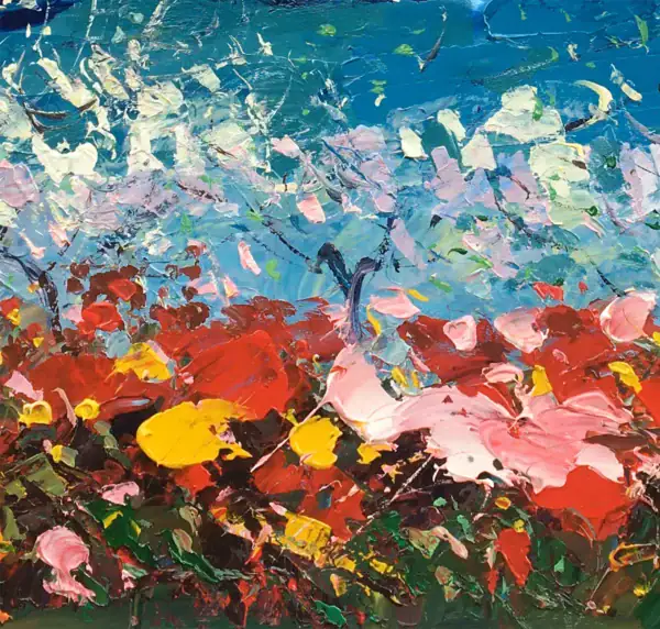 Close-up vertical detail highlighting the thick, sculptural palette knife strokes of red, orange, and yellow wildflowers in the foreground.