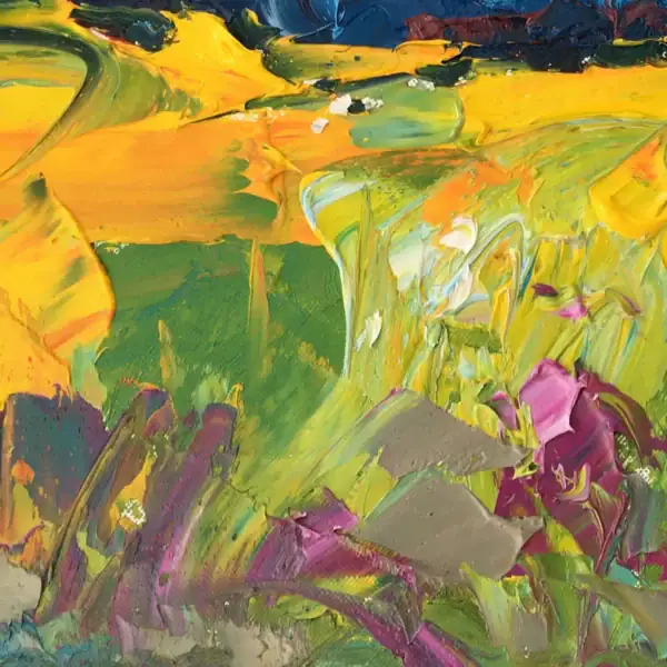 Detailed view of the sunflower field's texture, showcasing the heavy impasto technique and the rich tactile surface of the artwork.