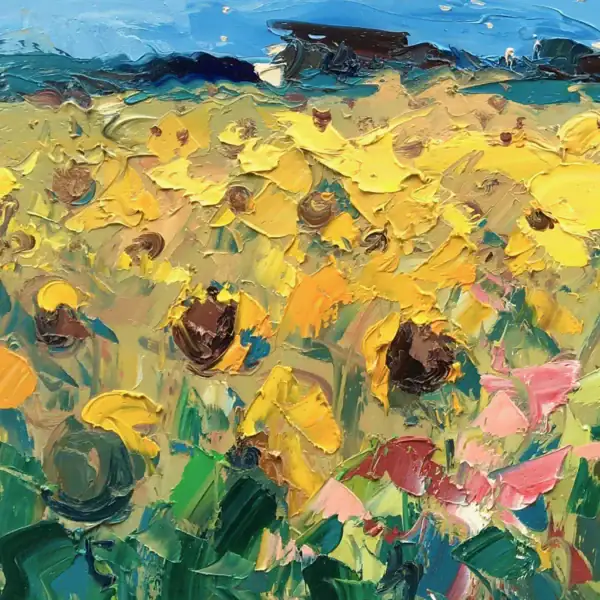 Close-up of the sunflower heads highlighting the heavy impasto texture and the rich, tactile yellow petals.