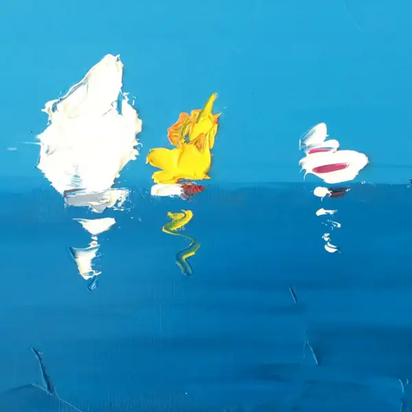 Close-up detail of the stylized white, yellow, and red sailboats, highlighting the thick paint layers and rich texture on the blue water.