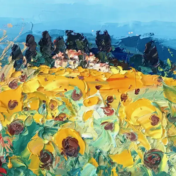 Close-up detail of the rustic country farmhouse and bright yellow sunflowers, showcasing the thick oil paint layers and expressive texture.