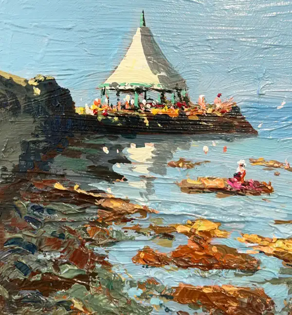 A detailed macro view of the historic seaside pavilion architecture and rugged ochre rocks built with thick layers of premium oil paint.
