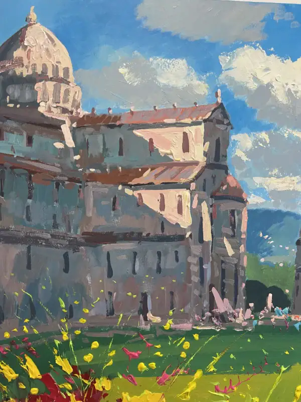 Close-up vertical detail showcasing the thick, layered palette knife textures on the white marble Duomo and the deep architectural shadows.