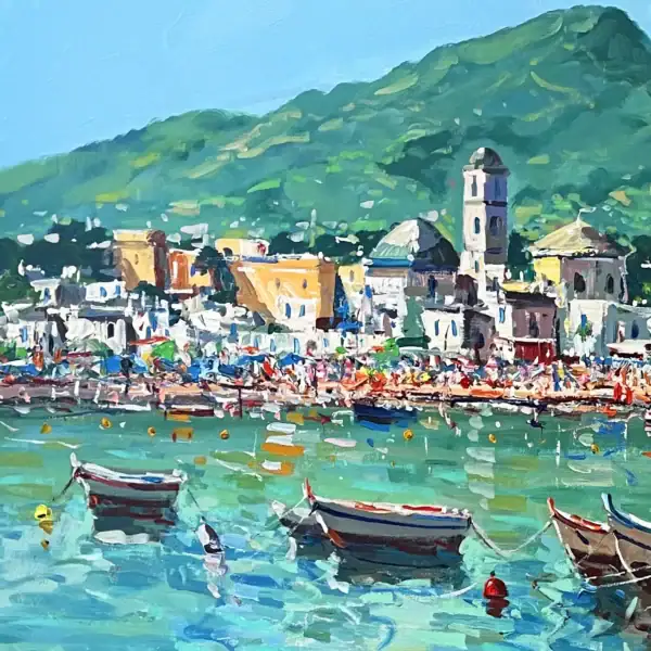 Detailed macro shot highlighting the thick palette knife layers of white and pastel oil paint shaping the historic village houses and church tower under the blue sky.