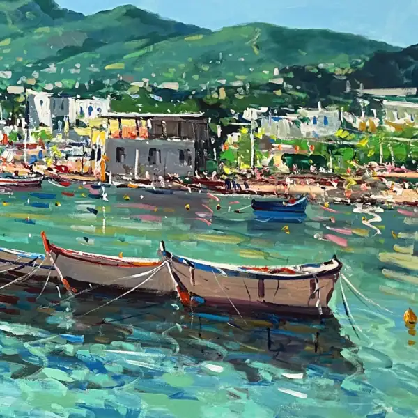 Close-up macro view focusing on the traditional wooden fishing boats floating on the textured, shimmering turquoise harbor water.