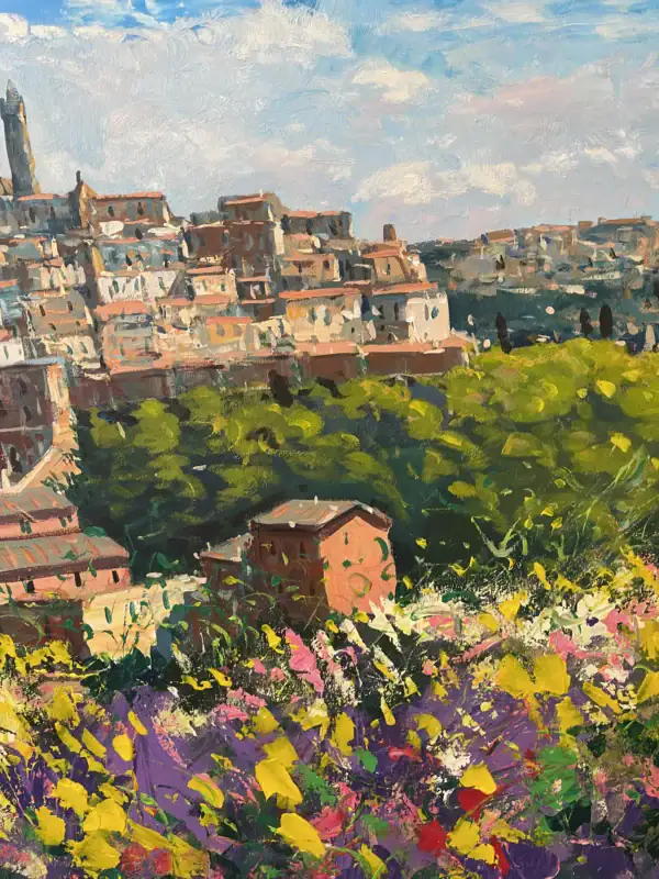 Close-up detail of the heavy impasto layers showing expressive strokes of yellow, purple, and white paint forming the wild floral fields of Tuscany.