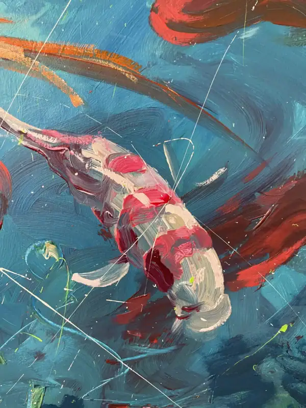Close-up macro view focusing on the thick, texturized palette knife strokes on a white and red speckled carp swimming through deep blue water.