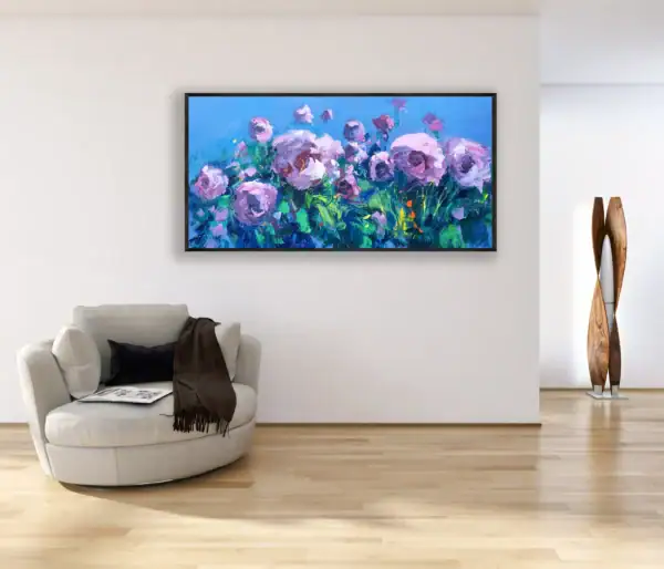A large horizontal oil painting of pink peonies displayed as a sophisticated focal point in a bright, modern living room.