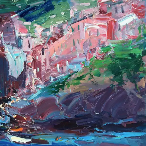 Close-up detail highlighting the layered green and dark earth-toned brushstrokes defining the coastal cliffs and hills rising above the ocean.