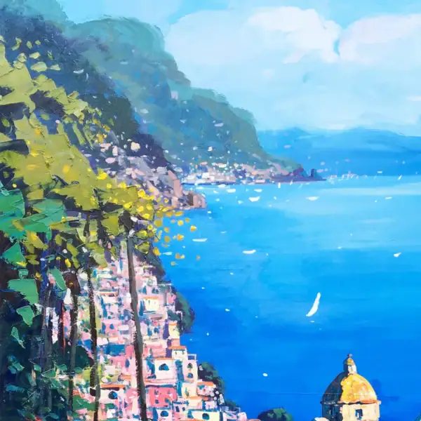 Close-up detail showcasing the luminous blue and turquoise gradient of the open ocean with small textured white sailboats near the high Amalfi coast cliffs.