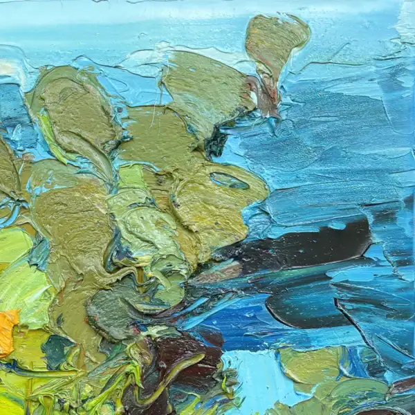 Macro view of the heavy impasto surface showing green botanical shapes defined against a rich, multi-layered cerulean blue sky.