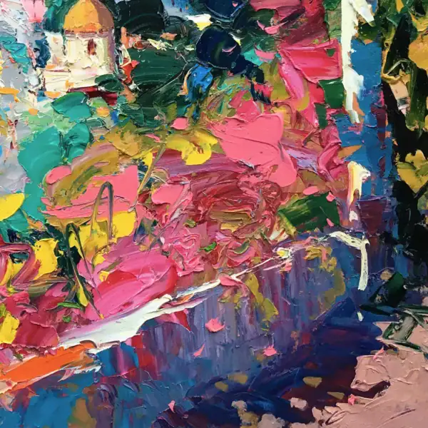 Close-up detail showcasing the thick, sculptural palette knife strokes shaping the vibrant coastal flowers and lush garden foliage.
