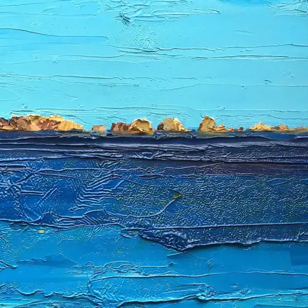 Close-up detail highlighting the thick horizontal strokes of deep blue and navy oil paint along the sea horizon.