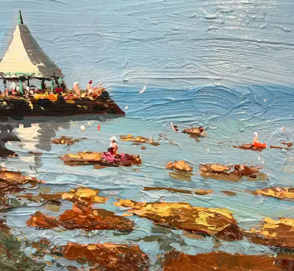Close-up detail showing the heavy impasto paint layers and palette knife strokes capturing the transparent coastal water and rocks.