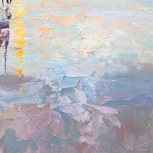 Close-up detail showcasing the subtle pastel tones and rich impasto texture defining the shimmering water during an Italian coastal twilight.