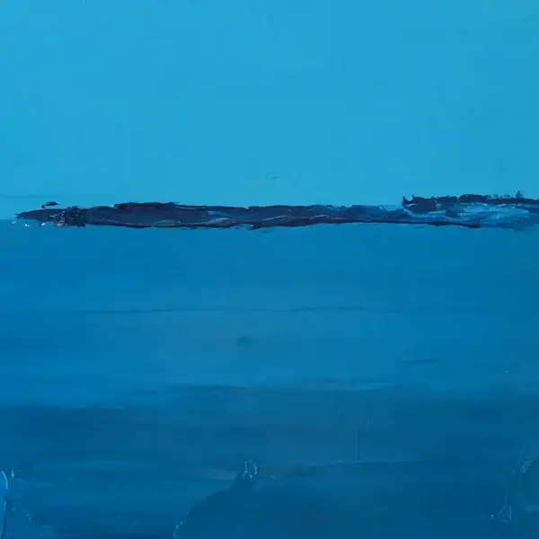 Detailed view of the quiet blue horizon and the dark, textured profile of the distant coastline in the minimalist abstract artwork.