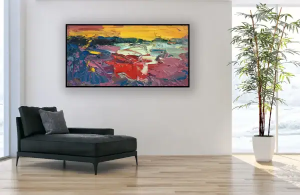 An original abstract expressionist painting by Agostino Veroni used as a powerful focal point in a minimalist modern room.