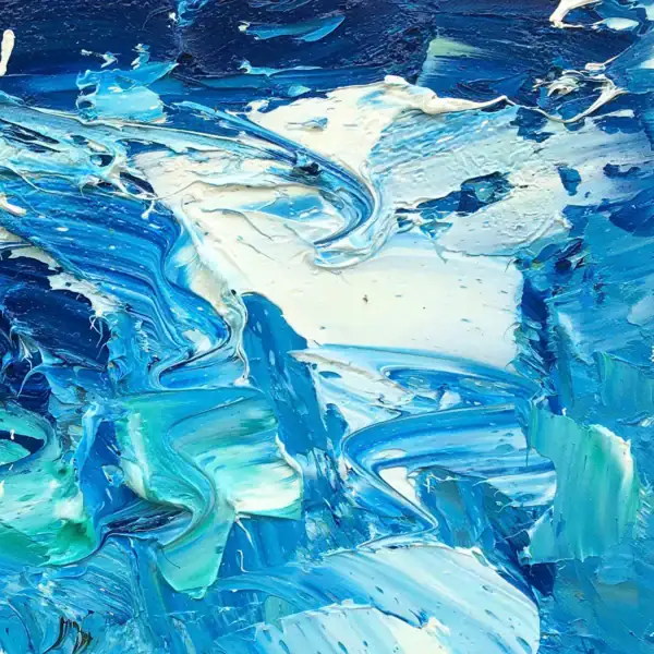 Macro close-up of the bright white peaks representing dynamic sea foam breaking over layered blue and turquoise oil paint.