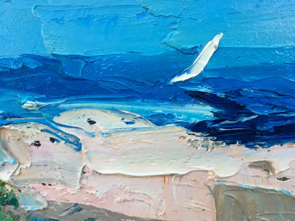 Detailed view of the shoreline in the painting, showing thick white peaks of paint contrasting with light sand tones and deep blue water.