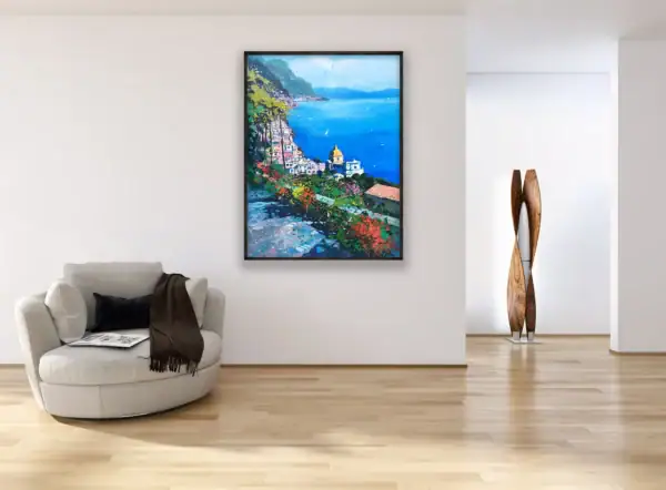 Large vertical Positano landscape painting beautifully styled to add an exclusive Italian atmosphere in a bright luxury lounge room or sophisticated seating area.