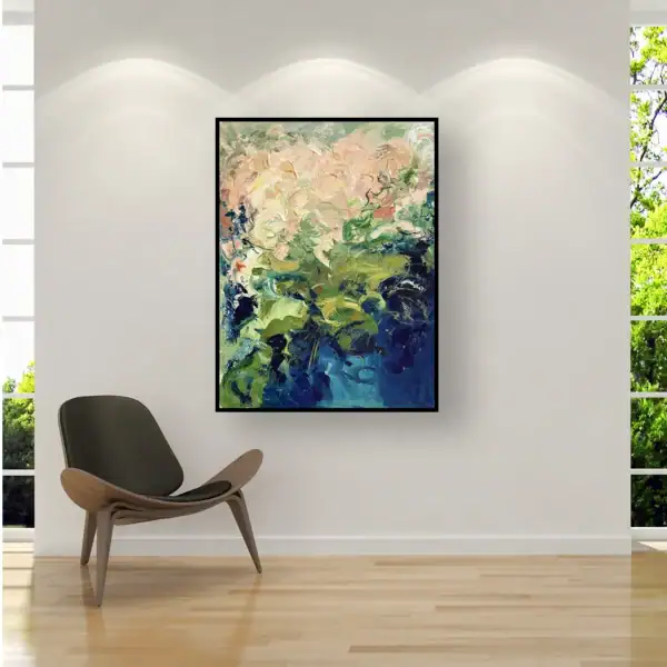 Large vertical abstract floral canvas styled beautifully in a bright luxury office or modern living room next to an accent armchair.