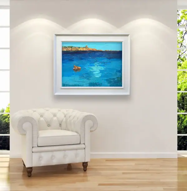 Large framed Sardinia beach painting displayed as a refreshing, luminous focal point in a bright contemporary room or office space.