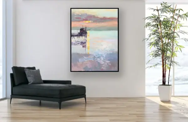 Large framed sunset landscape painting displayed as a serene, poetic focal point in a bright luxury bedroom setting or sophisticated seating area.